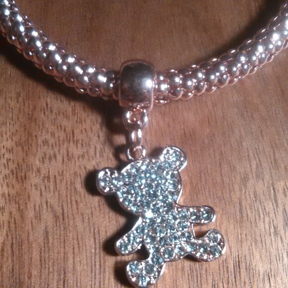 White Austrian Crystal Teddy Bear Charm Rosetone Stretch Bracelet - Picture 2 of 9
